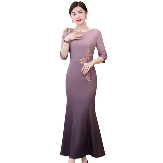 喜婆婆婚宴装紫色礼服裙，秋季时尚优雅修身复古刺绣连衣裙AHM-lfqp9867 商品图4
