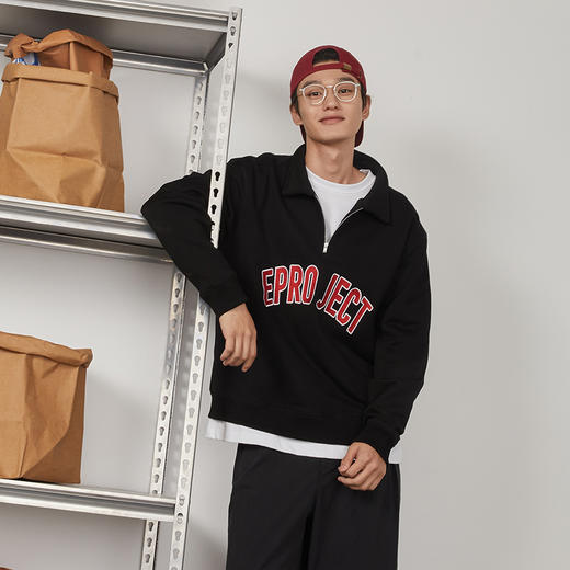 【年终福利/不退换】HO0008 EPU 原创日系city boy复古撞色logo刺绣半拉链纯棉黑色卫衣 商品图0
