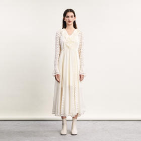 谜底高端系列连衣裙长袖女2024春季新款法式浪漫V领长裙241GL0119