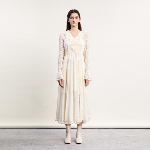 谜底高端系列连衣裙长袖女2024春季新款法式浪漫V领长裙241GL0119 商品图0