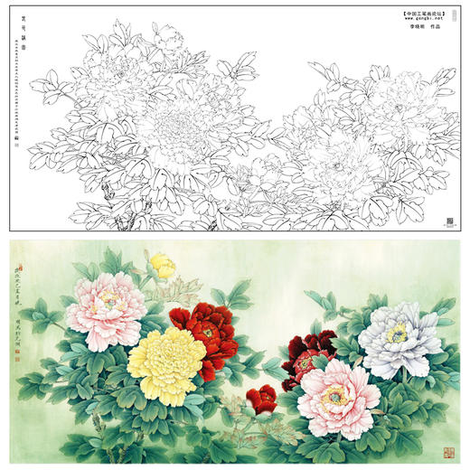 【大彩图】李晓明横幅工笔画白描底稿《春色满园》牡丹临摹勾线花鸟线稿KA20 商品图0