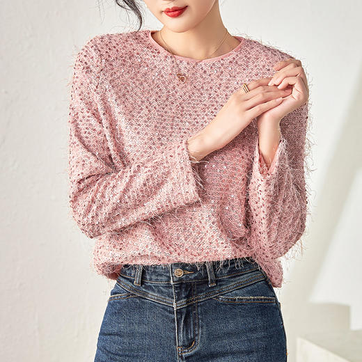 名媛气质，重工亮片长毛绒小众百搭套头衬衣上衣WLZD-23261009 商品图0