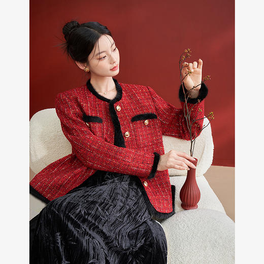 西遇小香风酒红色外套女新款法式气质名媛编织短款上衣10240031 商品图0