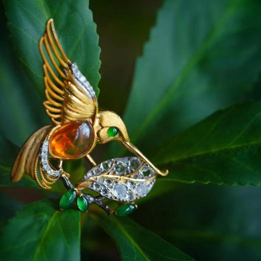 龢盒原创 9k金镶火欧珀翠鸟胸针 商品图2