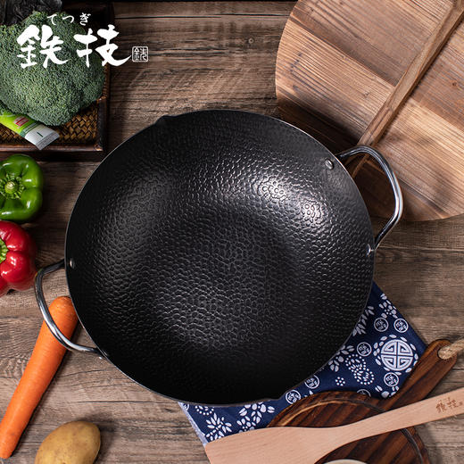 日本铁技铁双耳无涂层物理不粘饭店炒菜锅轻炒锅燃气灶煤气灶通用配木盖+木铲【需开锅】 商品图4