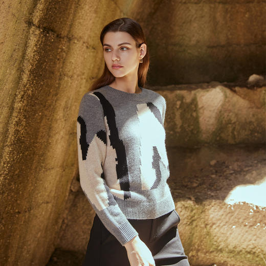 【黑白灰撞色羊绒衫】羊绒世家秋冬新品女士100%山羊绒圆领针织套衫毛衣 商品图2