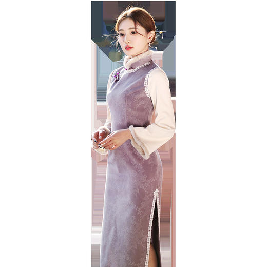 保暖舒适，冬季新款毛绒领复古民国风毛呢倒大袖旗袍YG-2340 商品图4