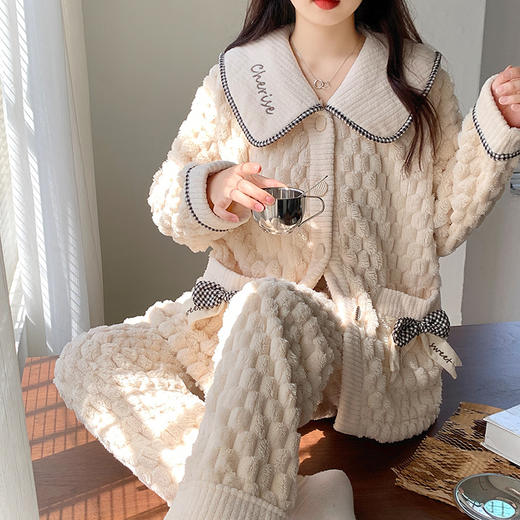 秋冬【小香风睡衣套装】提花珊瑚绒加厚可外穿 冬天保暖家居服 商品图0