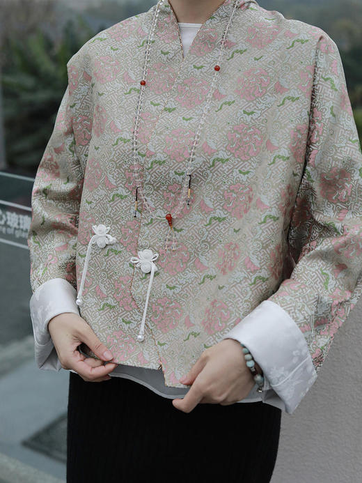  限量款| 盛唐牡丹|万寿无疆牡丹纹重缎宋锦新中式外套-粉团纹(不夹棉） 商品图8