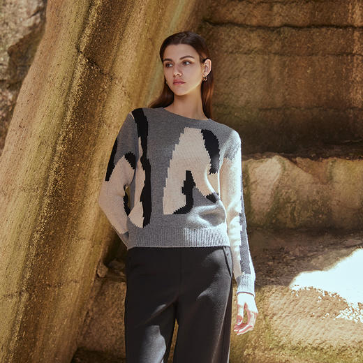 【黑白灰撞色羊绒衫】羊绒世家秋冬新品女士100%山羊绒圆领针织套衫毛衣 商品图0