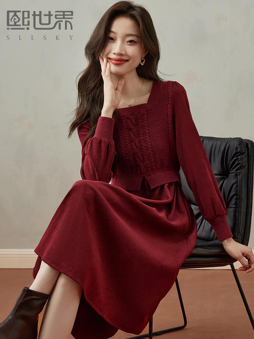 【五折购】熙世界方领针织拼接假两件红色连衣裙女收腰显瘦长裙子2025秋冬款 商品图0