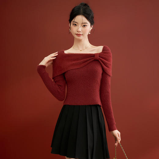 西遇针织衫女新款红色修身百搭打底衫一字肩长袖上衣12221930 商品图2
