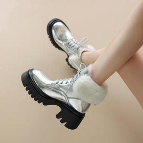 纯色百搭，牛皮+皮毛一体亮闪闪保暖雪地靴YMT690