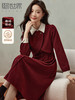 【年终特卖】熙世界马甲式假两件红色连衣裙女高级感秋冬磨绒法式赫本中长裙子 商品缩略图0