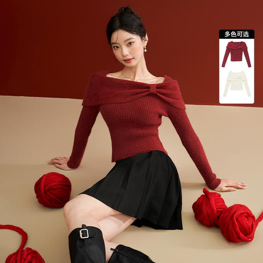西遇针织衫女新款红色修身百搭打底衫一字肩长袖上衣12221930 商品图0
