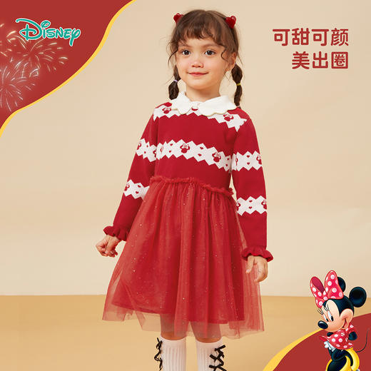 秋冬女童针织连衣裙米妮条纹印花大红公主裙百搭拜年233Q824
 商品图0