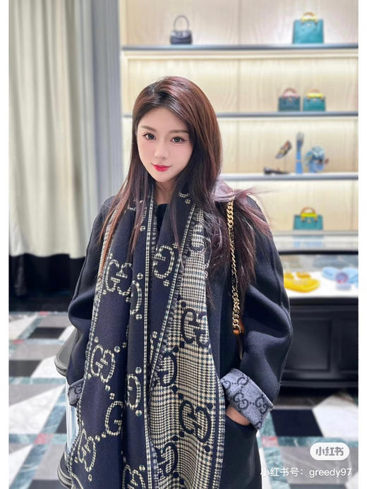 Gucci格纹围巾-黑绿 商品图0