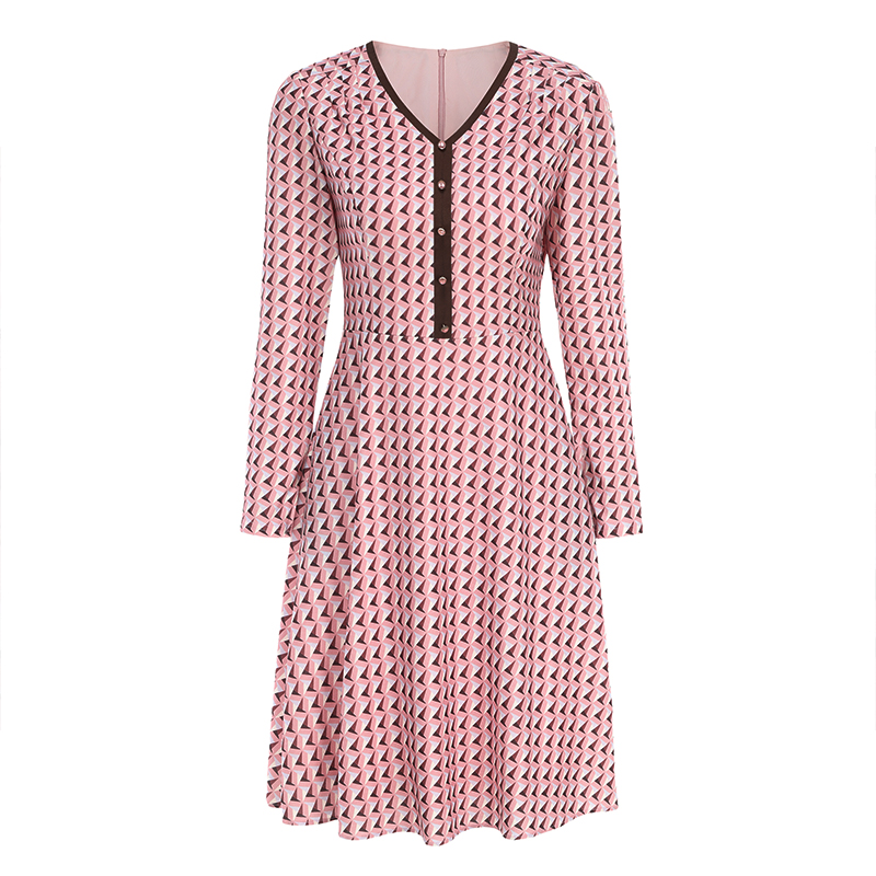 司歌秋冬连衣裙立体几何印花V领弹力长袖A881459