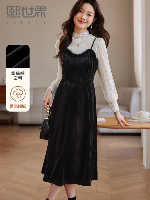 【年终特卖】熙世界高端金丝绒吊带连衣裙女秋冬季水貂毛V领无袖收腰显瘦裙子 商品图0
