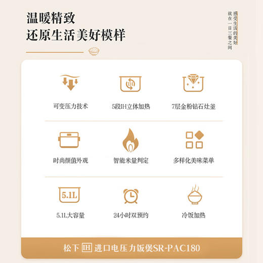 松下（Panasonic）日本原装进口5L电饭煲 5段IH电饭煲 智能米粮判定 24小时双预约 SR-PAC180WSA 商品图3