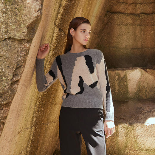 【黑白灰撞色羊绒衫】羊绒世家秋冬新品女士100%山羊绒圆领针织套衫毛衣 商品图1
