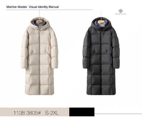 Martine Wester 女款 超轻超柔面里同料加长款连帽鹅绒服 茧型宽松加长款鹅绒服11383805