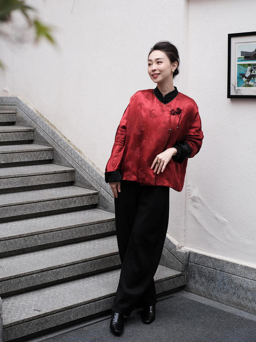 盛唐牡丹 |冠乐绉偏襟花扣夹棉外套 商品图7