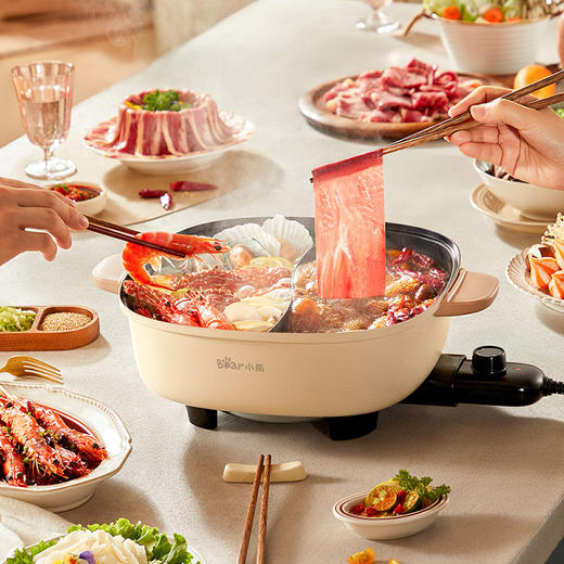 【小程序】小熊(Bear)鸳鸯锅 电火锅 多用途锅 电煮锅 多功能锅一体家用电热锅料理涮肉锅火锅锅具 米白色鸳鸯锅DHG-D60F1 6L 商品图5