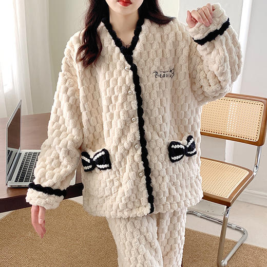 秋冬【小香风睡衣套装】提花珊瑚绒加厚可外穿 冬天保暖家居服 商品图8
