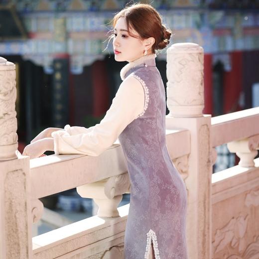 保暖舒适，冬季新款毛绒领复古民国风毛呢倒大袖旗袍YG-2340 商品图3