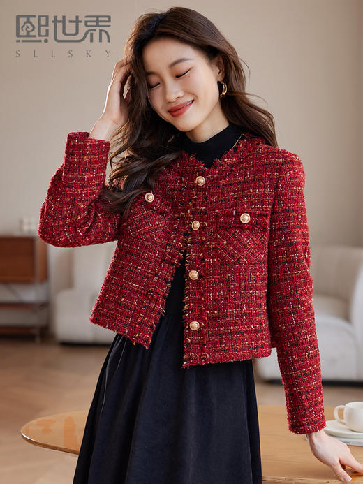 【年货节】熙世界2025过年小香风夹棉短款外套女秋冬法式气质名媛粗花呢红色上衣 商品图0