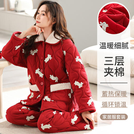 冬季新款【针织三层夹棉睡衣】加厚保暖 韩版宽松 家居服套装女 商品图10