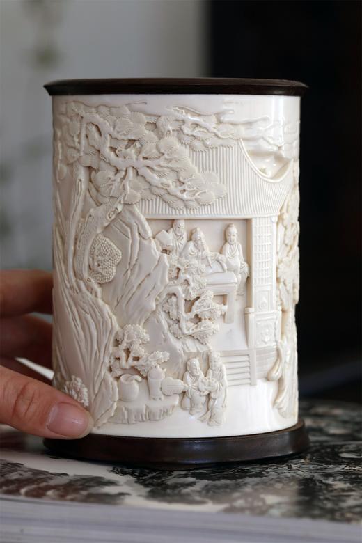 琴棋书画°猛犸牙雕笔筒 商品图4