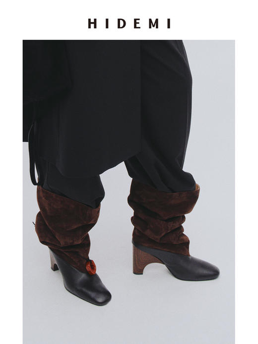 HIDEMI 羊麂皮拼接异形跟设计感堆堆靴长靴 商品图1