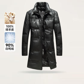 【真皮羽绒服】大依优型大码中长款皮衣白鸭绒绵羊皮大码皮衣立领休闲加肥加大外套大号男皮草