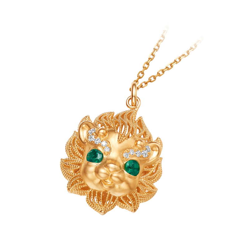 [醒狮系列] 18K玫瑰金镶嵌钻石祖母绿项坠#醒醒