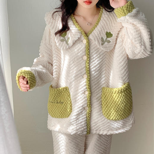 秋冬【小香风睡衣套装】提花珊瑚绒加厚可外穿 冬天保暖家居服 商品图7