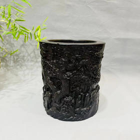 深山访友°小叶紫檀木雕笔筒13.5*15cm