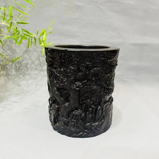 深山访友°小叶紫檀木雕笔筒13.5*15cm 商品图0
