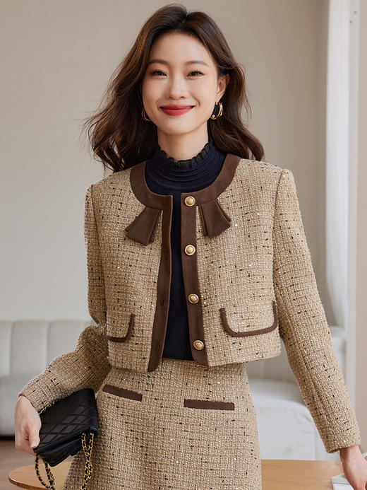 【年货节】熙世界法式富家千金套装女2025秋冬款小香风短外套a字短裙两件套 商品图7