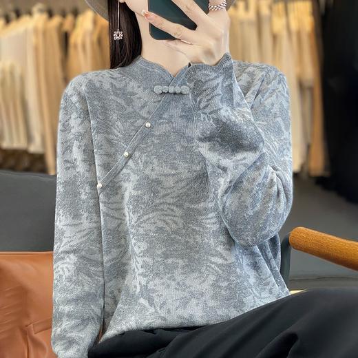 NS3161 新中式旗袍领羊毛针织衫女立体浮雕勾花毛衣国风复古羊毛打底衫女 商品图3