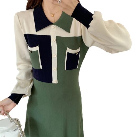AHM-qwh1351韩版撞色polo领绿色针织毛衣裙2023秋冬新款时尚显瘦大码连衣裙 商品图4
