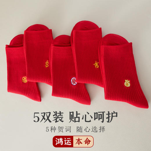 洁丽雅鸿运男袜5双装中筒袜子棉质大红袜子本命年结婚喜庆袜子男 商品图4