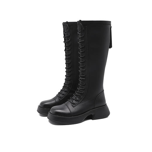 西遇高筒骑士靴女新款秋冬弹力长筒马丁靴黑色绑带厚底长靴子D2134008 商品图4