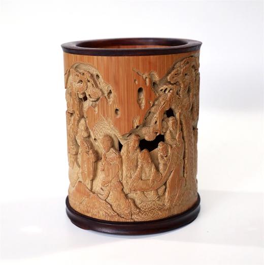 镂雕西园雅集°竹雕笔筒13x16.5cm 商品图0