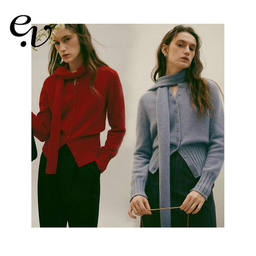 Even Vintage丨兔羊毛混纺 经典收腰纯色纽扣针织毛衣女配围巾 商品图0