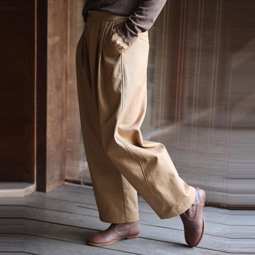 绽放830朵/卡其色设计感弯刀廓形加绒加厚双压褶插袋斜纹棉休闲裤 商品图2