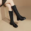 西遇高筒骑士靴女新款秋冬弹力长筒马丁靴黑色绑带厚底长靴子D2134008 商品缩略图0