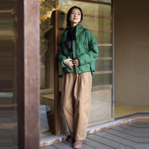 绽放830朵/卡其色设计感弯刀廓形加绒加厚双压褶插袋斜纹棉休闲裤 商品图0