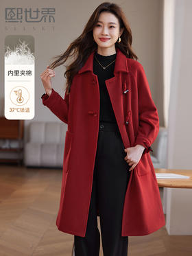 【年终特卖】熙世界红色牛角扣毛呢大衣设计感秋冬款加厚夹棉呢子外套中长款